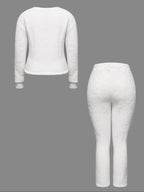Women's Two-Piece Casual Set, Solid Color Long Sleeve Top & Elastic Wide-Leg Pants Pjs, Comfortable Minimalist Round Neck Sleepwear