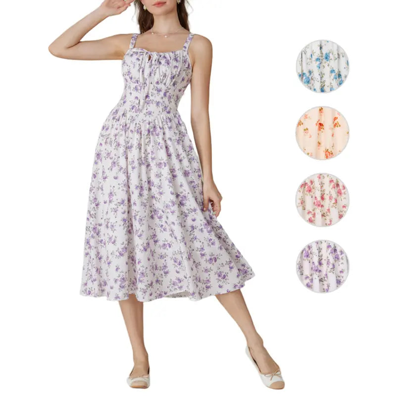 Women's Strappy Sleeveless Milkmaid Corset Flowy Midi Sundress
