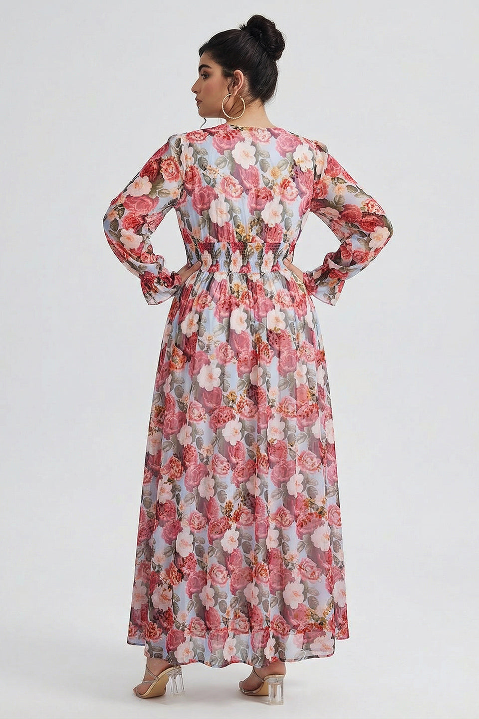 Curveins Plus Size V Neck Long Sleeve Floral Waist Maxi Dress