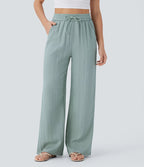 Casual High-Waisted Linen Trousers with Drawstring and Wide Pockets