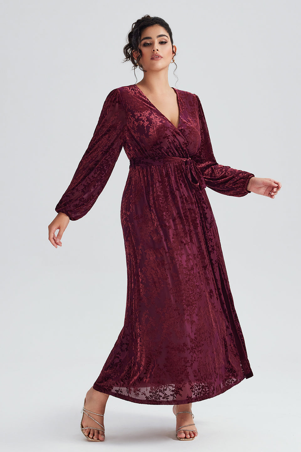 Curveins Plus Size Burgundy Velvet Wrap Maxi Dress