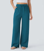 Casual High-Waisted Linen Trousers with Drawstring and Wide Pockets