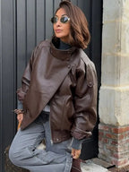 Black Faux Leather Jacket Stand Collar Oversized Moto Biker Jacket Elastic Hem Streetwear Casual Long Sleeve Waterproof Windproof Outerwear for Spring & Fall, Ladies Clothes for Daily Wear