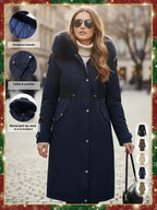 Women's Fall Winter Warm Fashion Mid-Length Parka Coat, Faux Fur Collar Drawstring Waist Belt, Windproof Waterproof Cold-Resistant