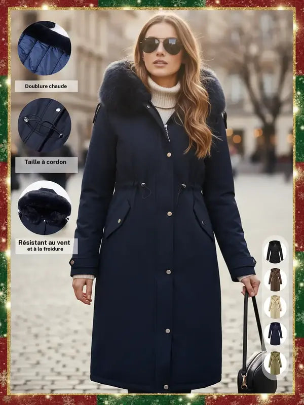 Women's Fall Winter Warm Fashion Mid-Length Parka Coat, Faux Fur Collar Drawstring Waist Belt, Windproof Waterproof Cold-Resistant