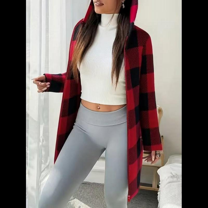 Women's  Plaid & Fluffy Trim Zip Front Hoodie Jacket, Ladies Casual In Fall/Winter