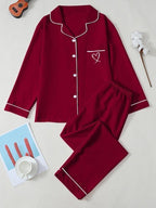New Solid Color Lapel Long Sleeve Heart Embroidery Pj Sets for Women, Casual Style Sleepwear for Ladies, Comfortable Nightwear, Loungewear