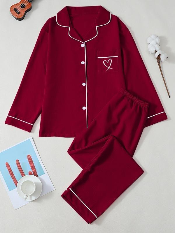 New Solid Color Lapel Long Sleeve Heart Embroidery Pj Sets for Women, Casual Style Sleepwear for Ladies, Comfortable Nightwear, Loungewear