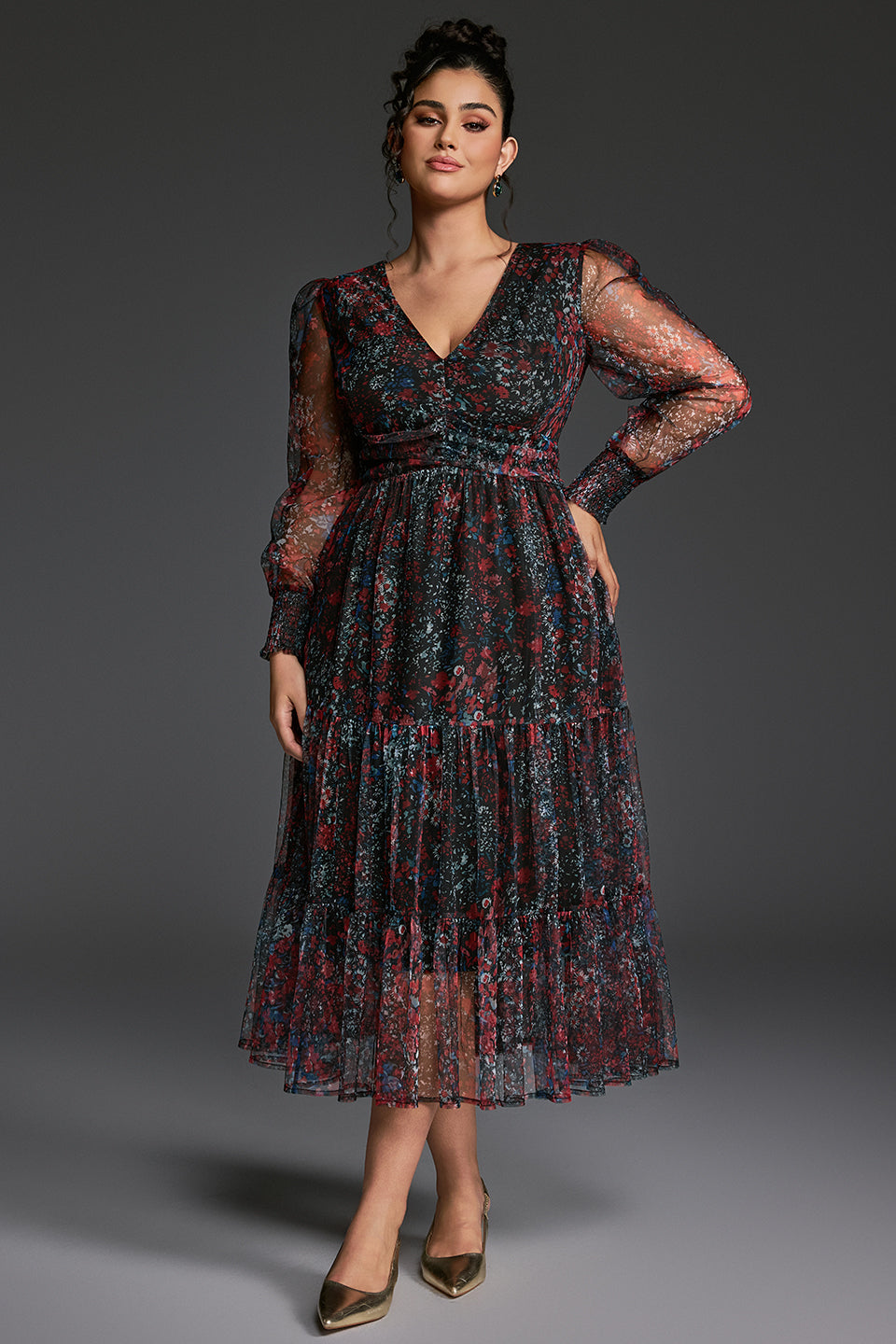 Curveins Plus Size V-Neck Floral Asymmetrical Hem Midi Dress