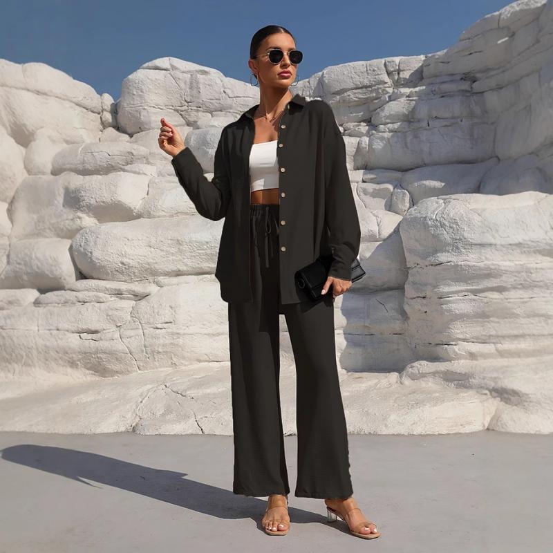 Women's Solid Button Front Shirt & Tie Front Wide Leg Pants Two-piece Set, Casual Drop Shoulder Long Sleeve Blouse Top & Trousers 2 Piece Set for Spring & Fall, Women's Clothes for Daily Wear Womenswear Suits Apricot Basic Minimalist