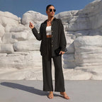 Women's Solid Button Front Shirt & Tie Front Wide Leg Pants Two-piece Set, Casual Drop Shoulder Long Sleeve Blouse Top & Trousers 2 Piece Set for Spring & Fall, Women's Clothes for Daily Wear Womenswear Suits Apricot Basic Minimalist