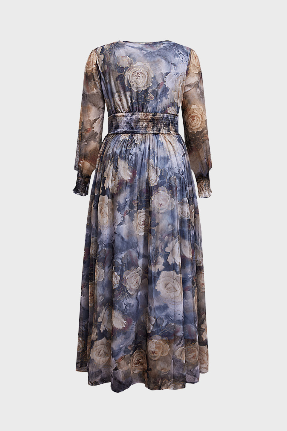 Curveins Plus Size V Neck Long Sleeve Floral Waist Maxi Dress