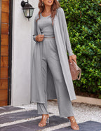 Women's 3 Piece Lounge Set Pajama Long Sleeve Cardigan Sleeveless Top Pants Sweatsuit