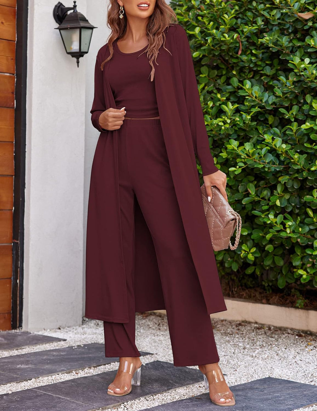 Women's 3 Piece Lounge Set Pajama Long Sleeve Cardigan Sleeveless Top Pants Sweatsuit