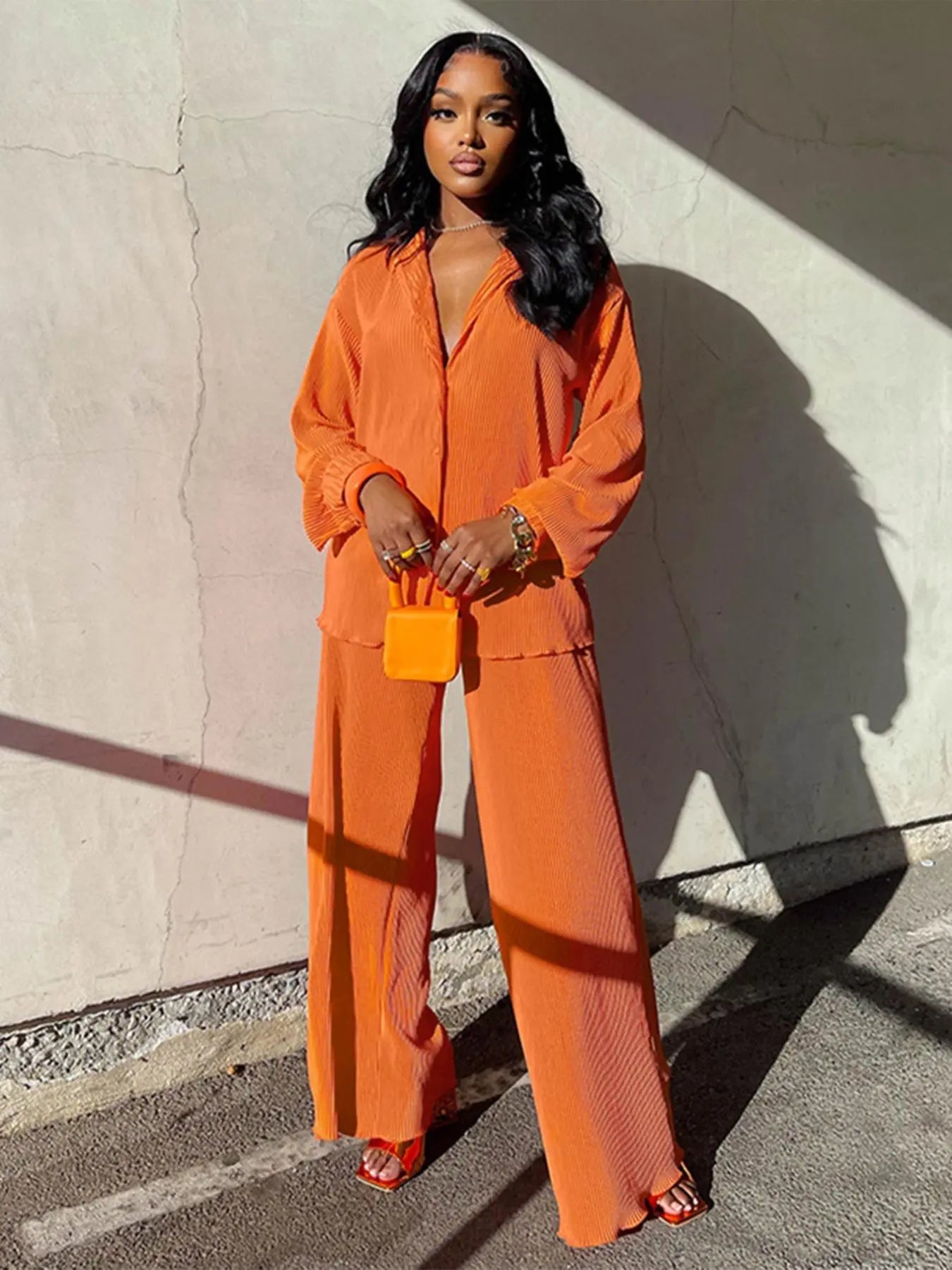 Women's Solid Button Front Shirt & Elastic Waist Pants Two-piece Set