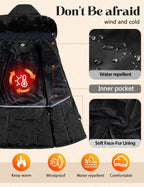 Women's Long Coats Winter Fleece Lined Warm Long Jackets for Women, Water Repellent Windproof Parka Coat Zip Up Button Drawstring Waist Overcoat with Pockets and Detachable Hood