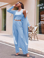 Women's 3 Piece Lounge Set Pajama Long Sleeve Cardigan Sleeveless Top Pants Sweatsuit