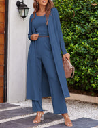 Women's 3 Piece Lounge Set Pajama Long Sleeve Cardigan Sleeveless Top Pants Sweatsuit