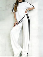 Women's Casual Athleisure Sportswear Set, Solid Color Round-Neck Short-Sleeve Split-Hem Top and Striped Long Pants, Spring/Summer Two-Piece Set
