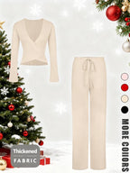 V Neck Sexy Top + Fashion Long Pants Christmas Holiday Atmosphere Set, Slim-Fitting, Plain Pattern, Spring & Fall Style