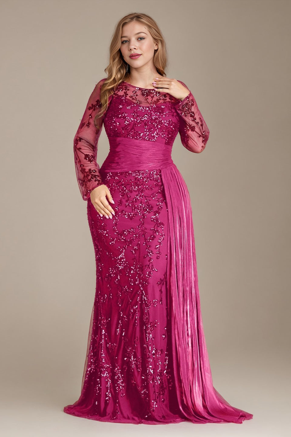 Curveins Plus Size Round Neck Embroidered Tie-Sash Bodycon Maxi Dress
