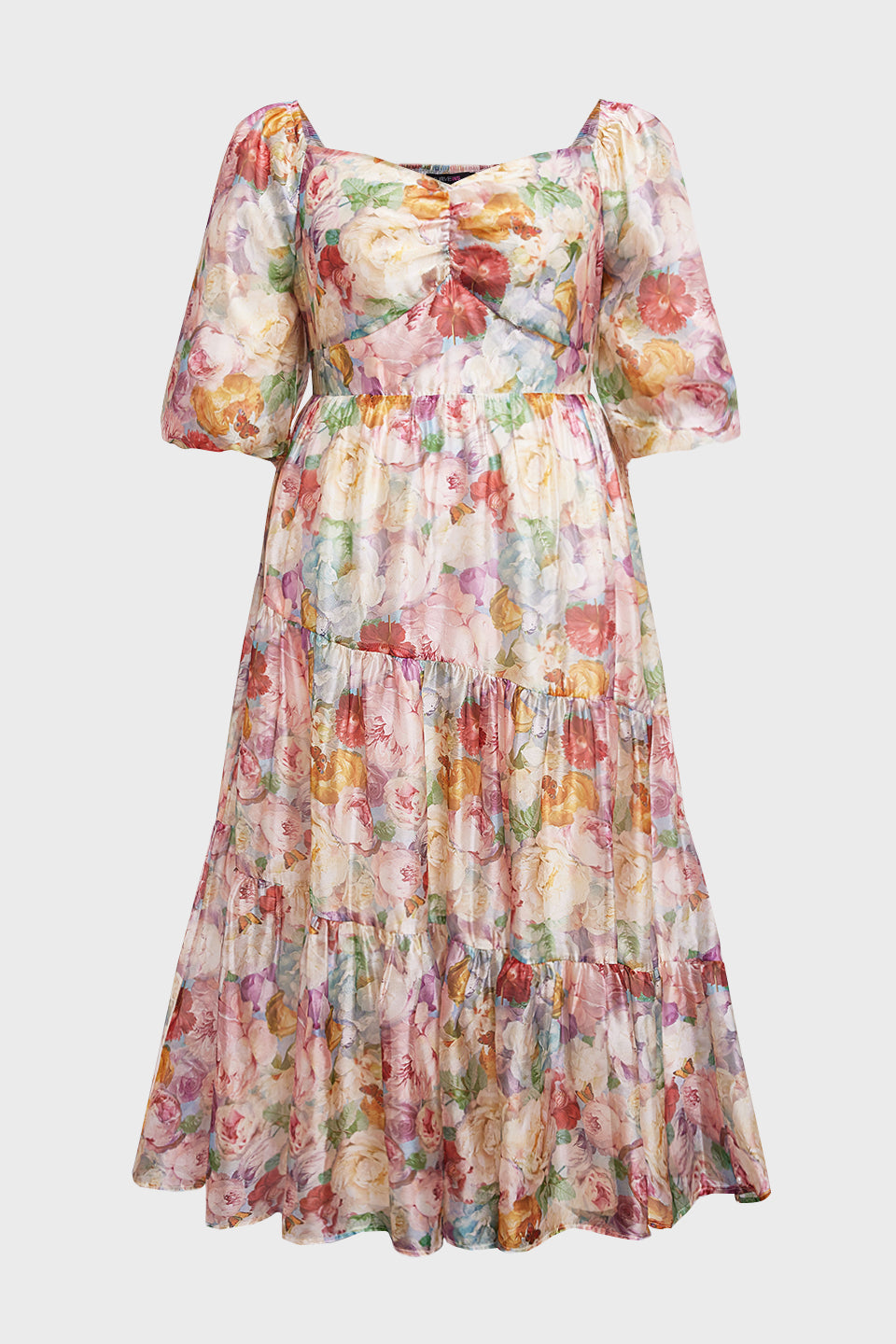 Curveins Plus Size V-Neck Flower Print Pleated Maxi Dress