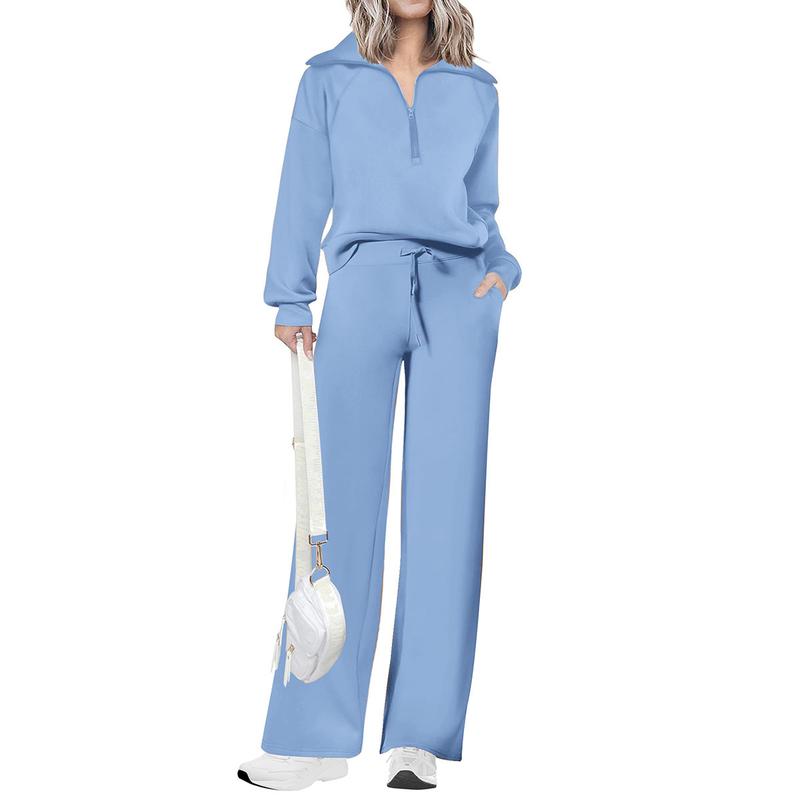 Women's Casual 2-Piece Sweatsuit Set - Half Zip Pullover Sweatshirt & Wide Leg Pants with Drawstring - Matching Tops & Sweatpants for Comfort