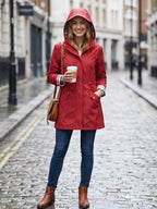 Women's Solid Color Drawstring Zip Up Hooded Trench Coat