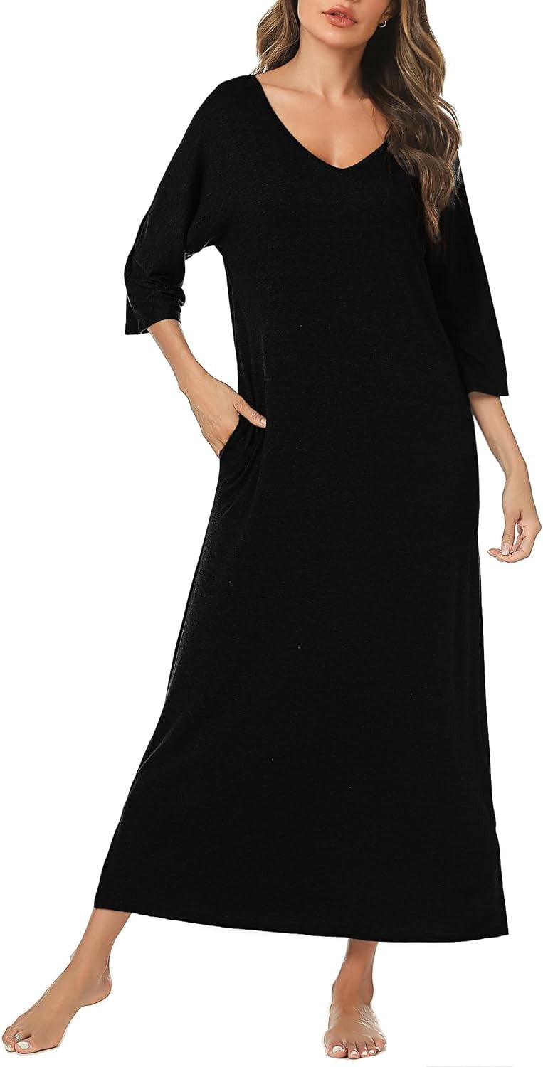 Women's long nightgown, three-quarter sleeve pure cotton pajamas, with pockets