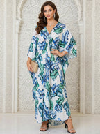Women's Leopard Print Batwing Sleeve Split Hem Kaftan Dress, Casual Modest Style V-Neck 3/4 Sleeve Long Dress for Fall & Winter, Women's Islamic Clothing for Daily Wear