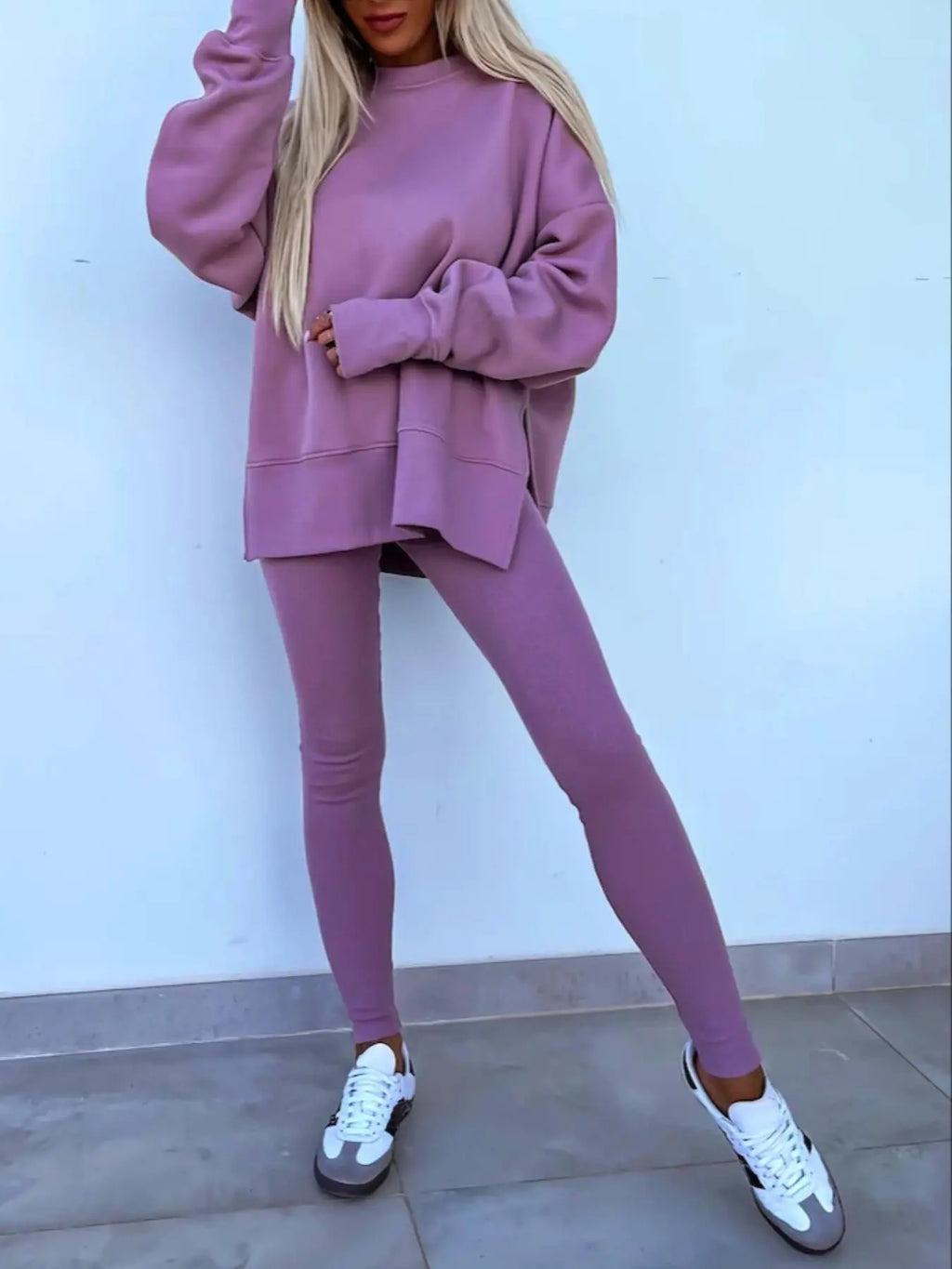 Women's Solid Drop Shoulder Split Hem Sweatshirt & Pants Two-piece Set