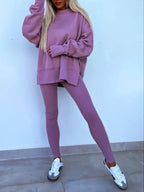 Women's Solid Drop Shoulder Split Hem Sweatshirt & Pants Two-piece Set