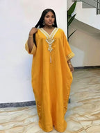 Women's Summer Solid Color Embroidered Fringe Caftan Casual Wear Dress with Pockets and Side Slit