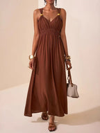 Long Sleeveless Thin Strap Deep V Neck Elegant A-Line Dress