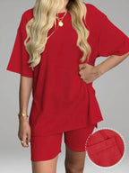 Women's Solid Color T-Shirt and Tight Shorts Set, Casual Summer Comfort Round Neck Sleepwear, Pocket Design, Outdoor Wear