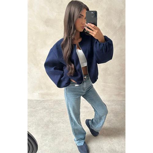 Women's Bomber Jacket Ladies Long Balloon Puff Sleeve Zipper Jacket Top Long Sleeve Cropped