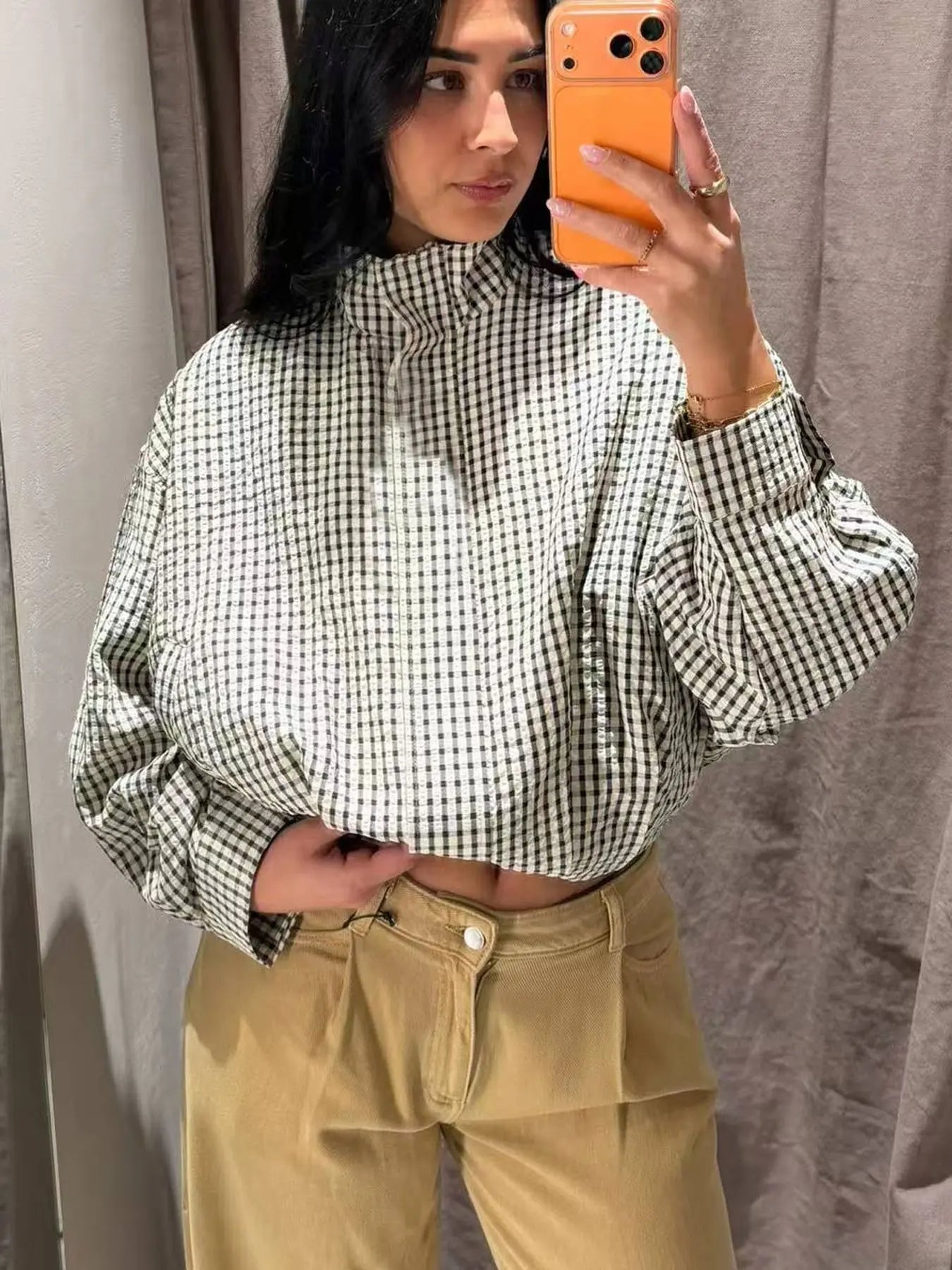 Women's Loose-Fit Plaid Bomber Jacket