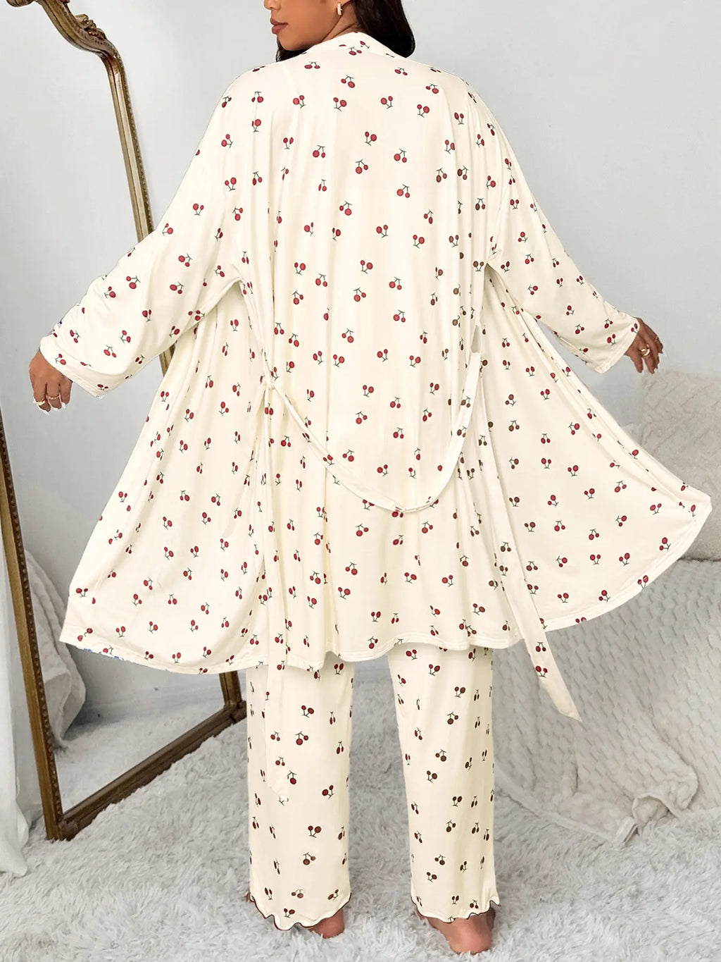 Plus Size Cherry Print Women's Sweet Comfortable Belted Robe & Sleeveless Long Pants & Cami Set