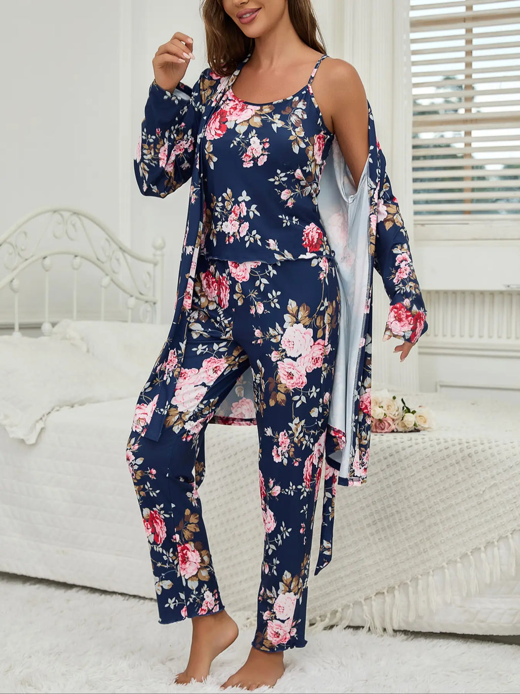 Women's All Over Floral Print Pajama Set, Long Sleeve Open Front Outwear & Pants & Cami Top