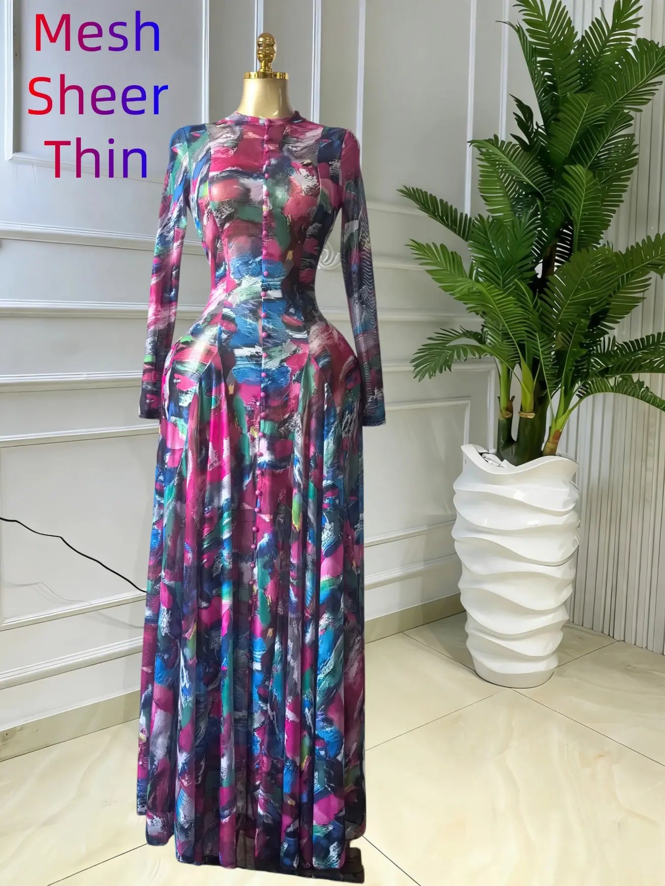 Women's Round-Neck Long Sleeve Woven Maxi Dress