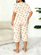 Plus-Size Women's Cherry Print Round Neck Short Sleeve Top and Capri Pants Set