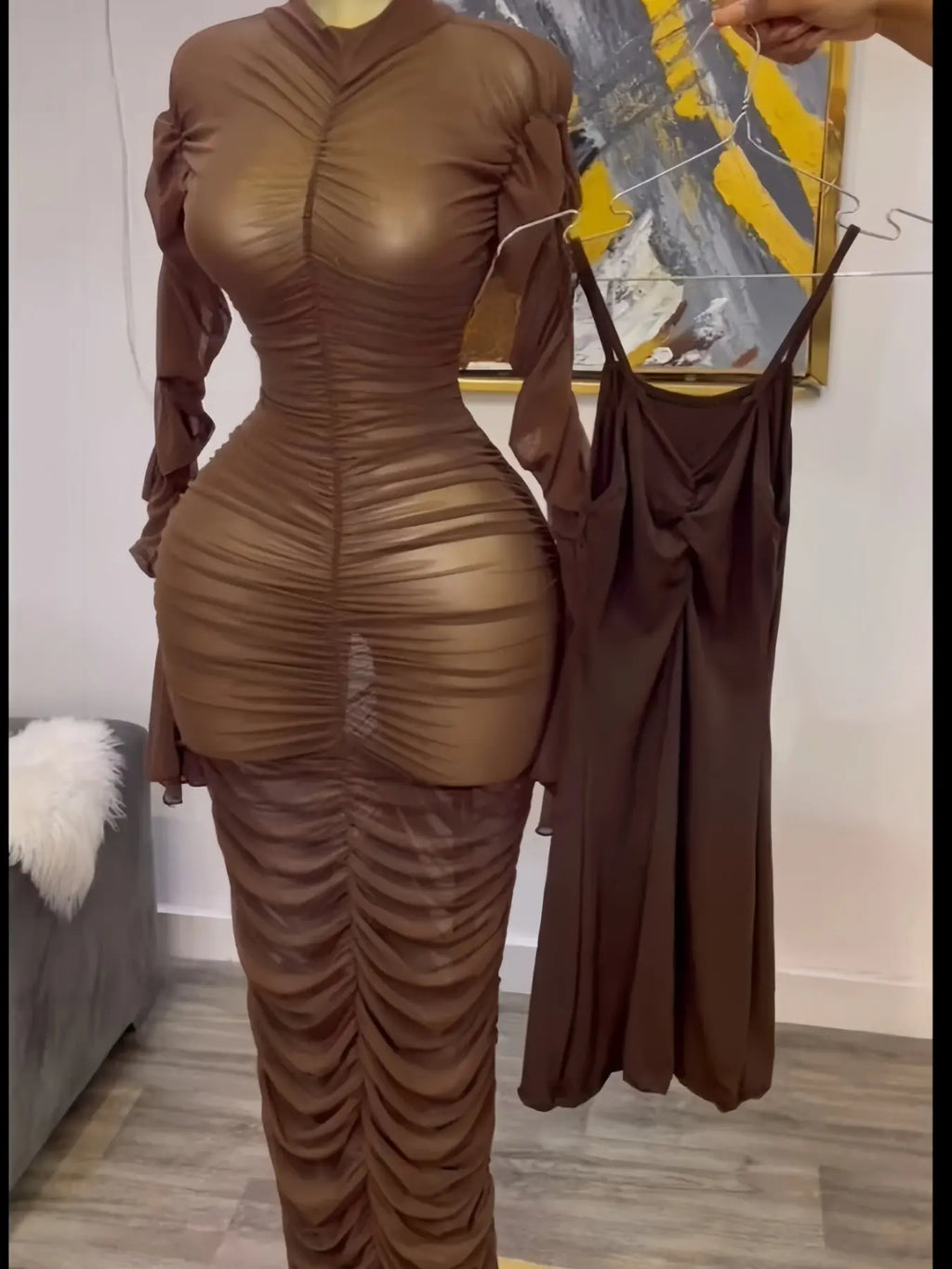 Women's Long Mesh Overlay Bodycon Dress & Sexy Sheer Backless Sleeveless Party Gown