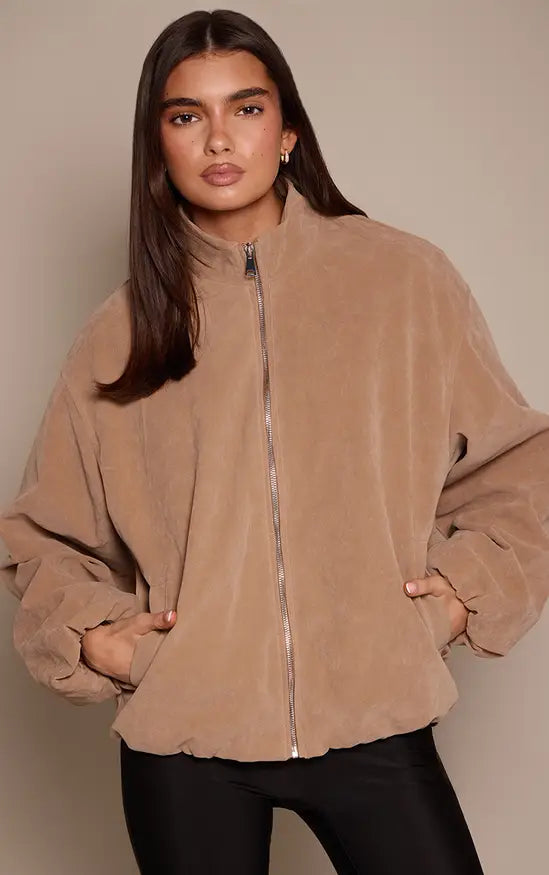 Mushroom Faux Suede Bomber Jacket