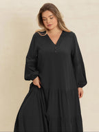 【Plus Size】 Plain V-Neck Long Sleeve Maxi Dress, Boho Modest Dress for Daily Holiday Vacation Wear, Women's Plus-Size Clothing for All Seasons