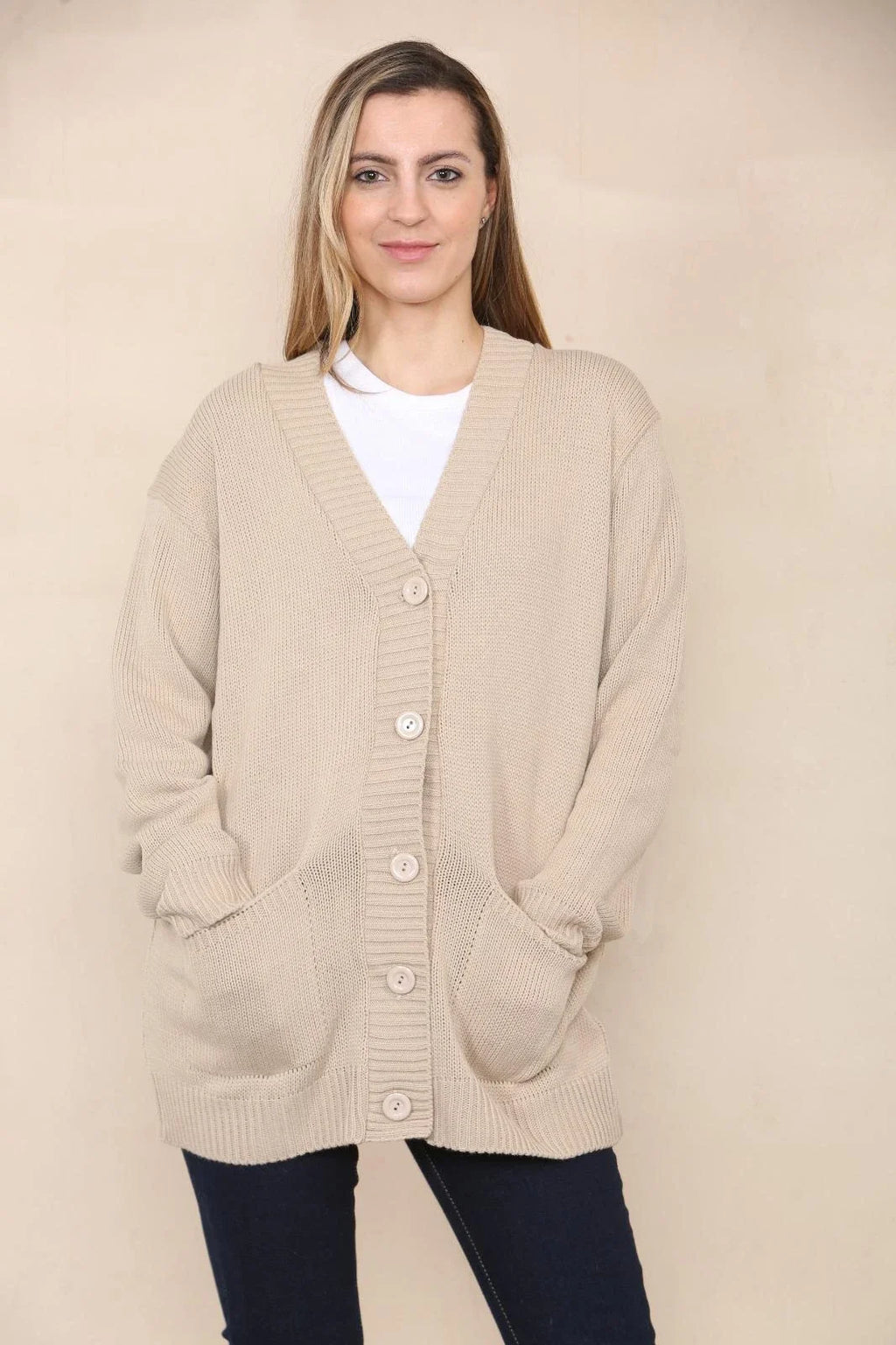 Women’s Long Sleeve Matching Button Open Front Aran Knit V-Neck Cardigan
