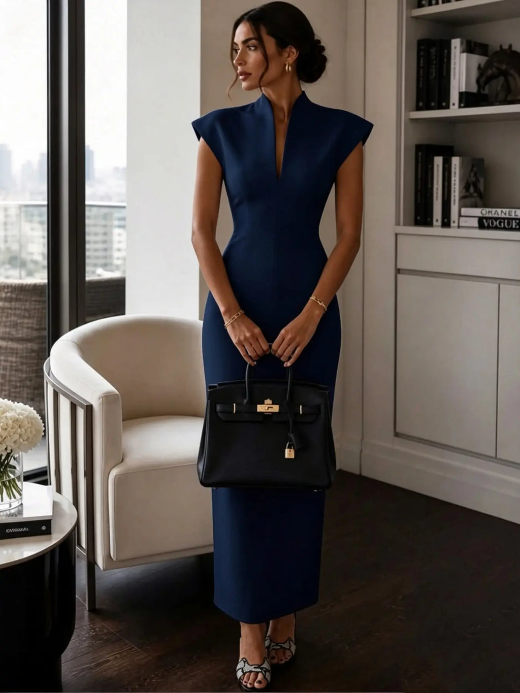 New Stand Collar V Neck Sleeveless High Waist Bodycon Dress