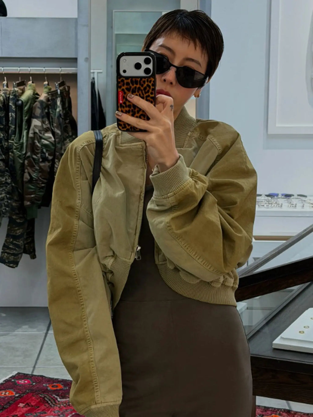 Women's Olive Green Loose Cropped Basic Bomber Jacket, Casual Zipper Coat