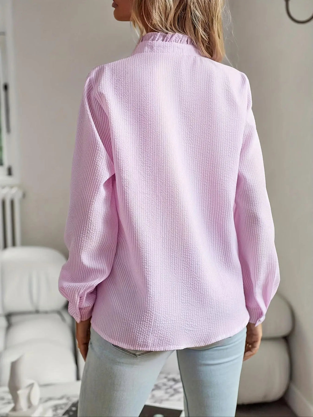 Women's Plain Ruffle Trim Button Front Fitted Woven Fabric Shirts, Blouse, Elegant Chic Casual Bishop Sleeve Long Sleeve Frill Trim Top for Daily Wear, Ladies Clothes for All Seasons, Womenswear