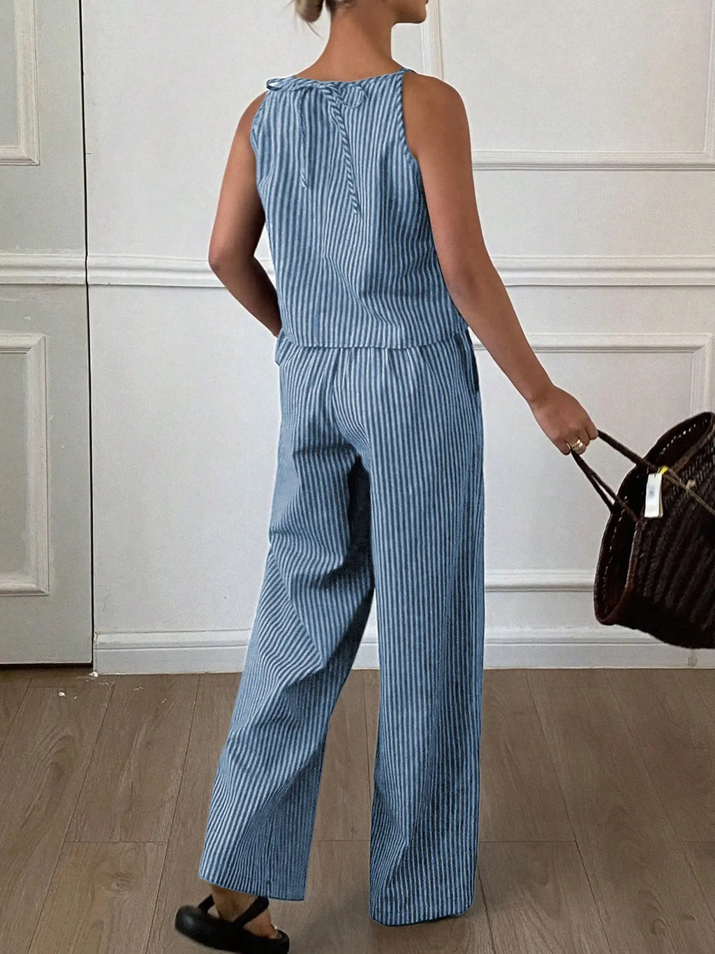 Two-Piece Women's Casual Summer Striped Lightweight Spaghetti Strap Sleeveless Top & Loose Long Pants Outfit Set, Comfortable Stylish Set