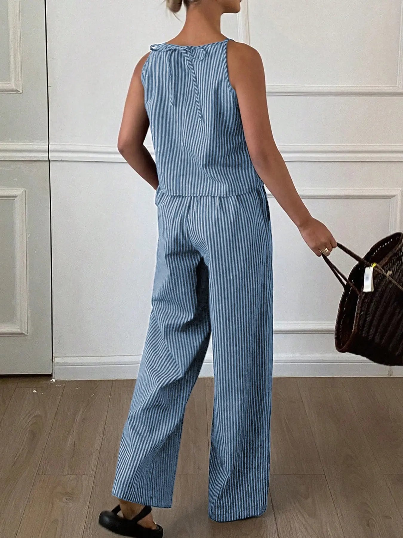 Two-Piece Women's Casual Summer Striped Lightweight Spaghetti Strap Sleeveless Top & Loose Long Pants Outfit Set, Comfortable Stylish Set